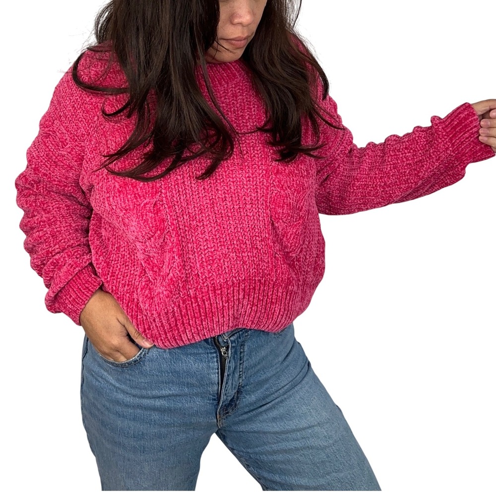 Cocovive Cable Knit‎ Cropped Sweater Pullover Chenille Pink Womens Large Casual